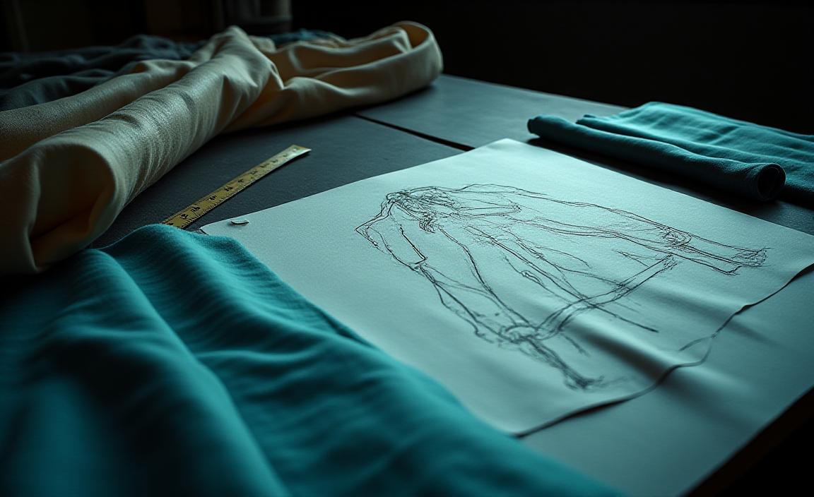 Bespoke garment measurements and design notes on a dark drafting desk